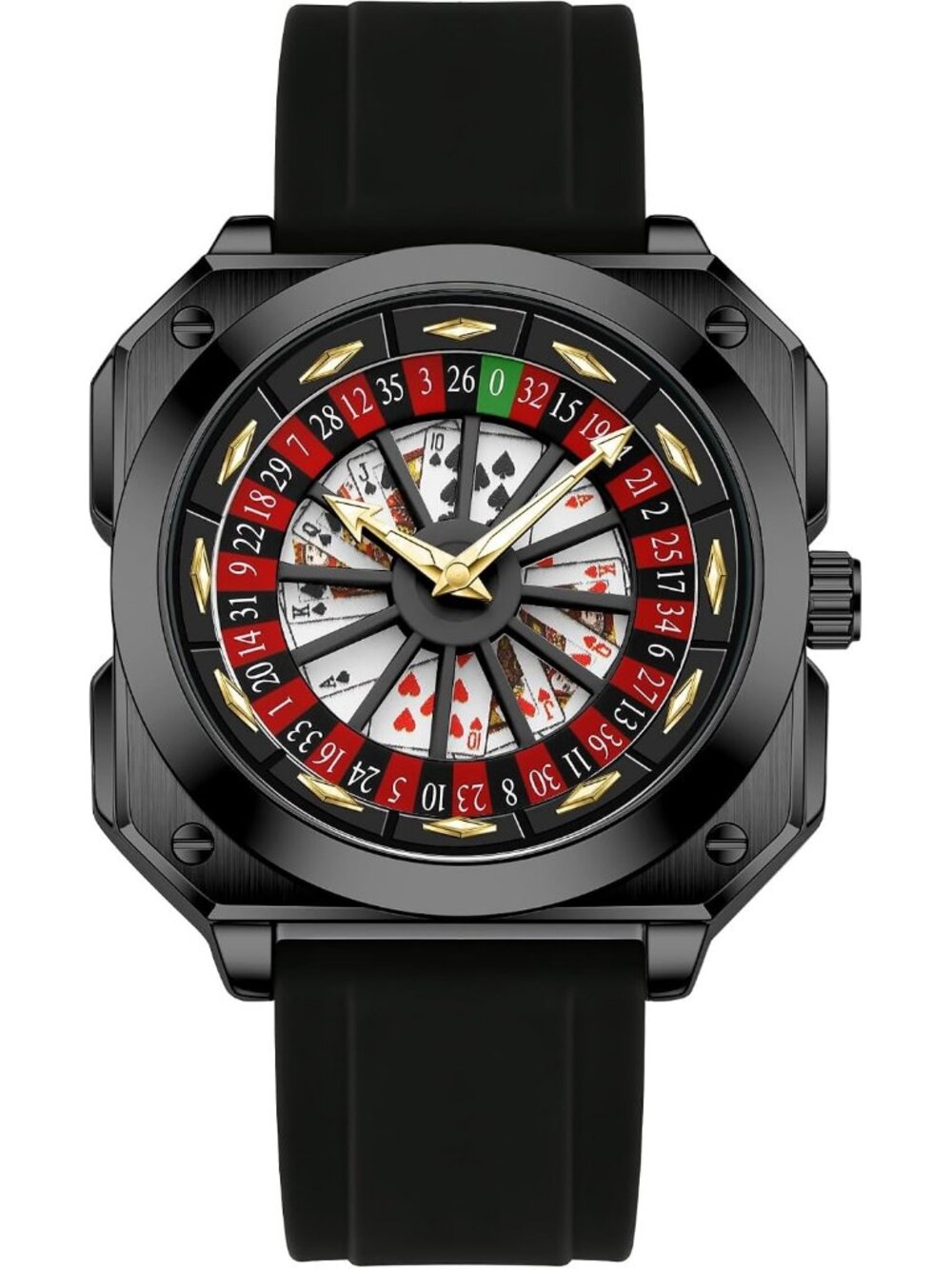 Men‘s All Black Gambling Rotating Dial Poker Square Silicone Rubber Strap Watch